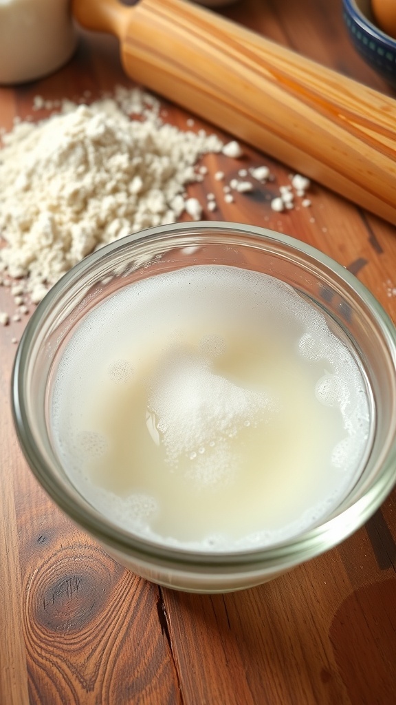 Yeast Fermentation Test Recipe A bowl of yeast mixture with bubbles indicating active fermentation, surrounded by baking ingredients.